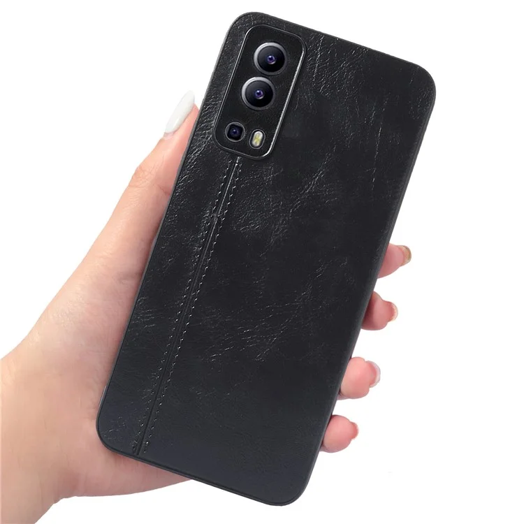 Für vivo Y72 5G Stitching PU Leder beschichtetes Hart-PC + Soft TPU Back Case Phone Protective Cover - Schwarz