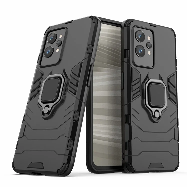 Capa Protetora de TPU Macio + PC Rígido para Realme GT2 Pro, Anel de Suporte para Telefone Kickstand - Preto