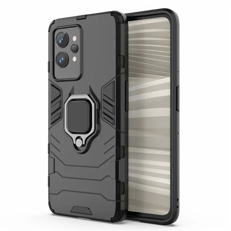 Capa Protetora de TPU Macio + PC Rígido para Realme GT2 Pro, Anel de Suporte para Telefone Kickstand - Preto