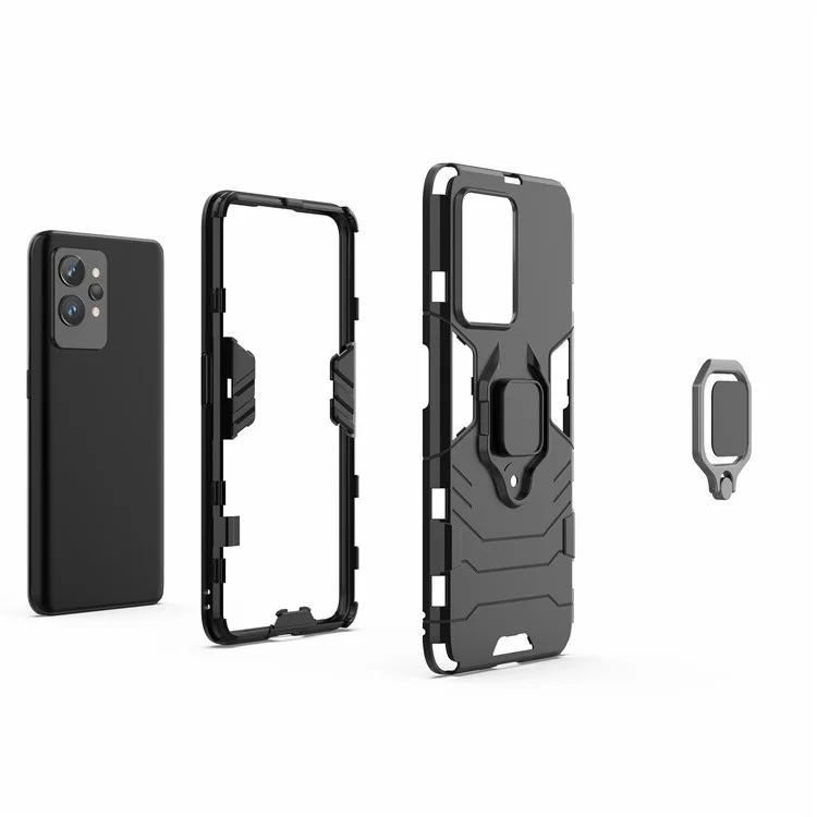 Capa Protetora de TPU Macio + PC Rígido para Realme GT2 Pro, Anel de Suporte para Telefone Kickstand - Preto