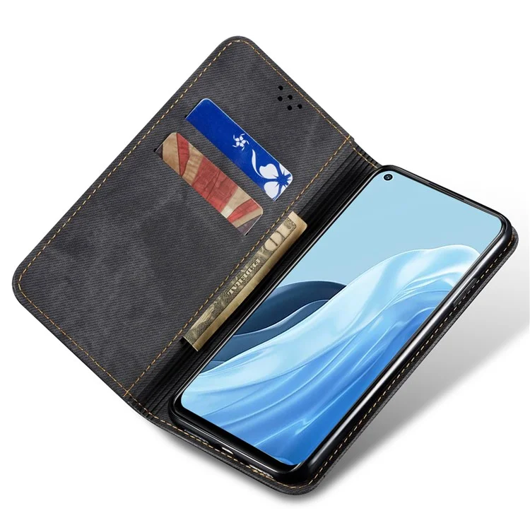 Jeans Ten Stand Stand Leather Case Para Realme 9i 4G / Oppo A76 / A36, Wallet Magnetic Auto -fechamento do Celular Shell - Preto