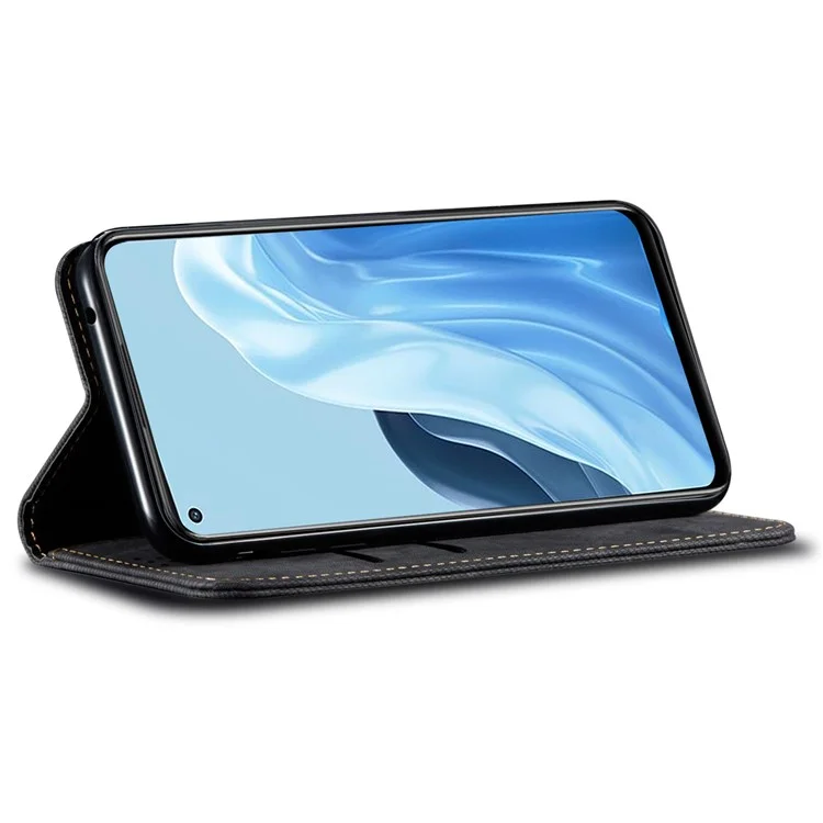Jeans Cloth Texture Stand Leather Case pour Realme 9i 4G / Oppo A76 / A36, Wallet Magnetic Auto Closing Mobile Phone Shell - Noir