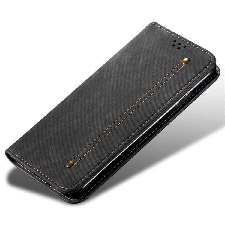 Jeans Ten Stand Stand Leather Case Para Realme 9i 4G / Oppo A76 / A36, Wallet Magnetic Auto -fechamento do Celular Shell - Preto