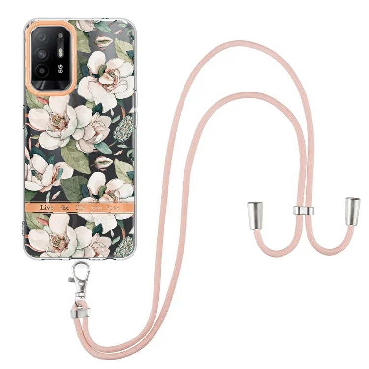 Série YB IMD-9 Capa IMD Eletroplating para Oppo A94 5G, Capa Traseira de TPU Macio com Padrão Floral Resistente a Arranhões com Cordão - HC001 Green Gardenia 