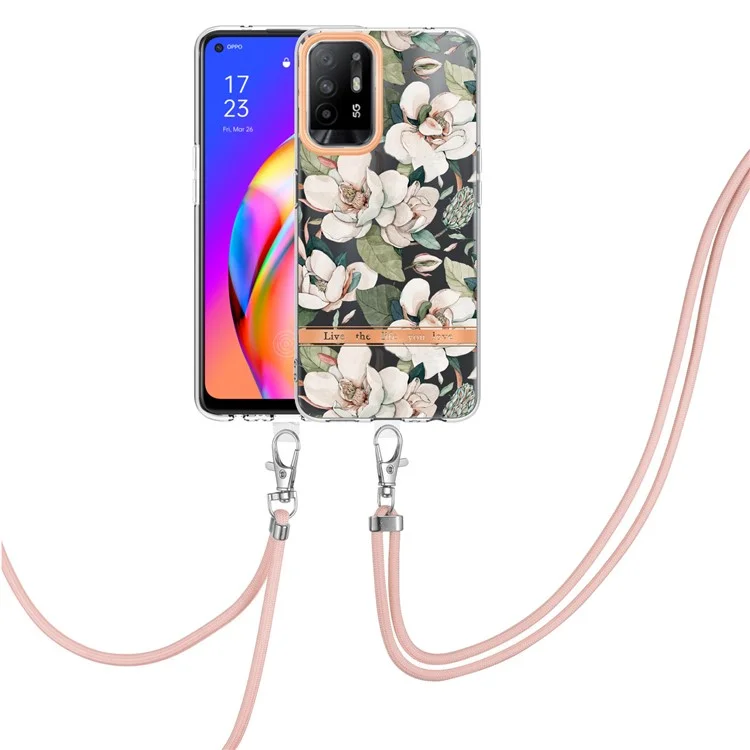 Série YB IMD-9 Capa IMD Eletroplating para Oppo A94 5G, Capa Traseira de TPU Macio com Padrão Floral Resistente a Arranhões com Cordão - HC001 Green Gardenia 