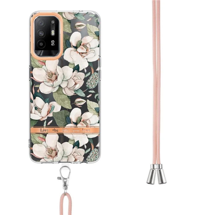 Série YB IMD-9 Capa IMD Eletroplating para Oppo A94 5G, Capa Traseira de TPU Macio com Padrão Floral Resistente a Arranhões com Cordão - HC001 Green Gardenia 