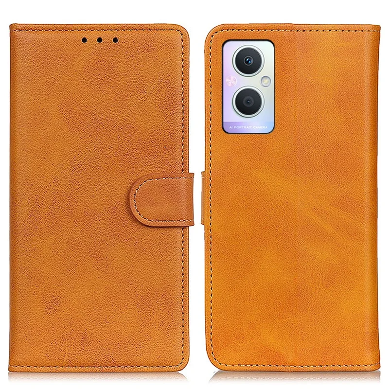 For Oppo A96 (China)/Reno7 Z 5G/Reno7 Lite/Reno8 Lite 5G/F21 Pro 5G/OnePlus Nord N20 5G Textured Leather Cover Magnetic Clasp Phone Case Wallet with Foldable Stand - Brown