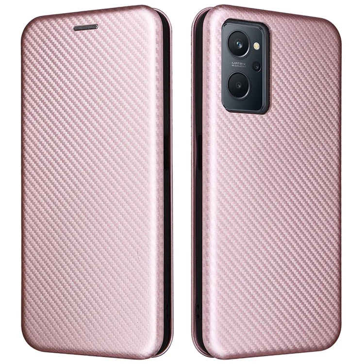 Für Realme 9i/Oppo A36 4G/A76 4G Carbon Fiber Texture PU Leder Handyhülle Kartenfach Ständer Cover Shell - Roségold
