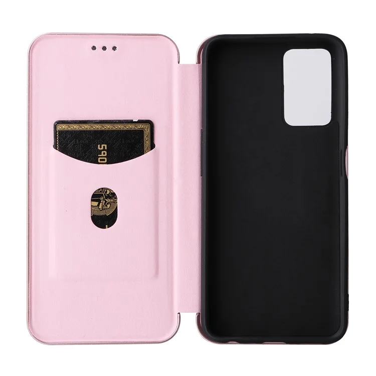 Für Realme 9i/Oppo A36 4G/A76 4G Carbon Fiber Texture PU Leder Handyhülle Kartenfach Ständer Cover Shell - Roségold