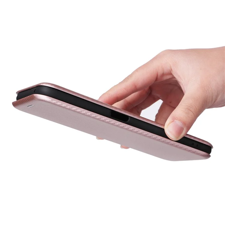 Für Realme 9i/Oppo A36 4G/A76 4G Carbon Fiber Texture PU Leder Handyhülle Kartenfach Ständer Cover Shell - Roségold