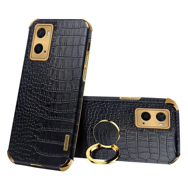 Pour Oppo A36 / A76 Rendre du Porte-bague Case Crocodile Texture en Cuir TPU 6D Couvercle de Protection à L'épreuve Des Chocs Électrolités - le Noir