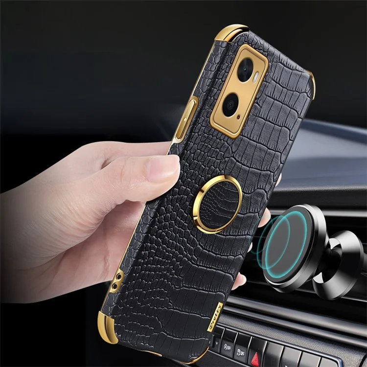 Pour Oppo A36 / A76 Rendre du Porte-bague Case Crocodile Texture en Cuir TPU 6D Couvercle de Protection à L'épreuve Des Chocs Électrolités - le Noir