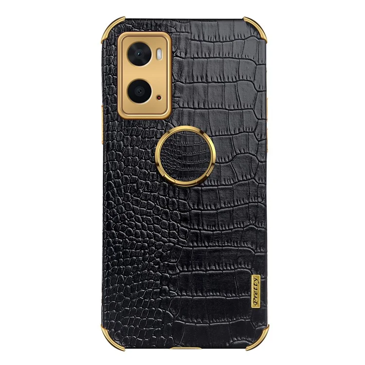 Pour Oppo A36 / A76 Rendre du Porte-bague Case Crocodile Texture en Cuir TPU 6D Couvercle de Protection à L'épreuve Des Chocs Électrolités - le Noir