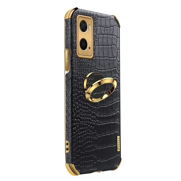 Pour Oppo A36 / A76 Rendre du Porte-bague Case Crocodile Texture en Cuir TPU 6D Couvercle de Protection à L'épreuve Des Chocs Électrolités - le Noir