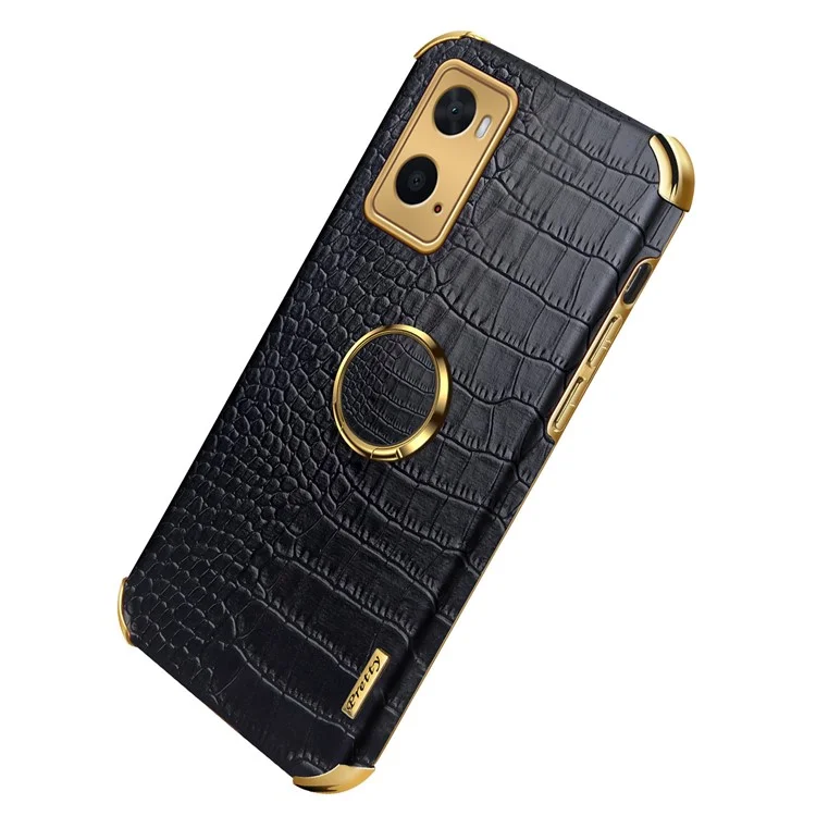 Pour Oppo A36 / A76 Rendre du Porte-bague Case Crocodile Texture en Cuir TPU 6D Couvercle de Protection à L'épreuve Des Chocs Électrolités - le Noir