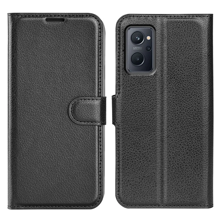 Für Realme 9i/Oppo A36 4G/A76 4G Litchi Textur PU Leder Flip Cover Ständer Brieftasche Magnetische Schließe Folio Buchhülle Hülle - Schwarz