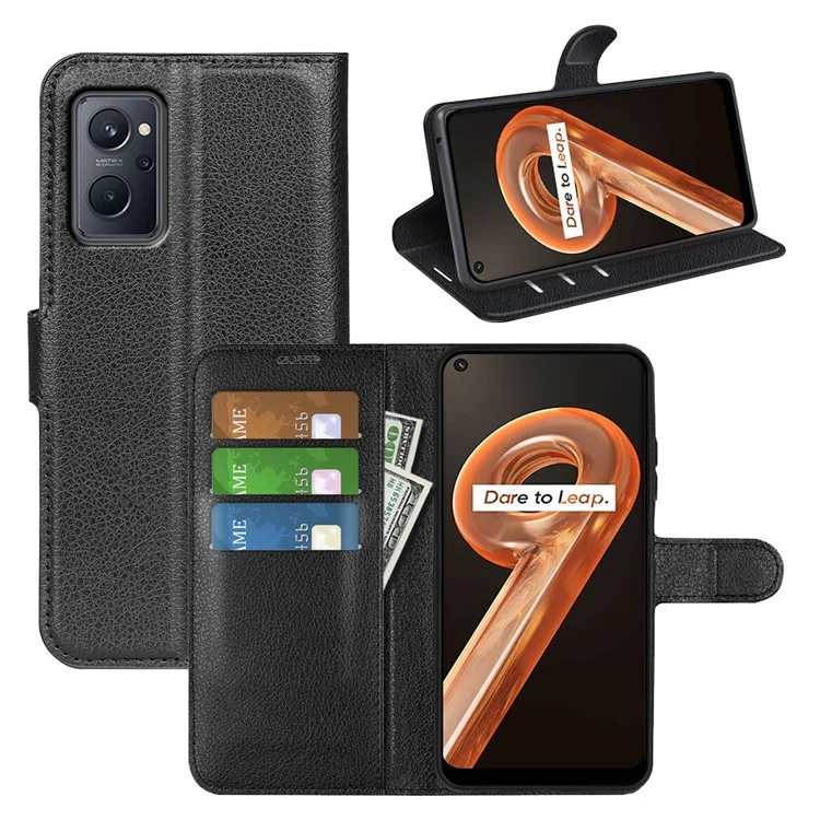 Für Realme 9i/Oppo A36 4G/A76 4G Litchi Textur PU Leder Flip Cover Ständer Brieftasche Magnetische Schließe Folio Buchhülle Hülle - Schwarz