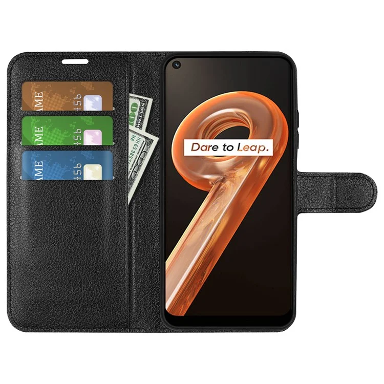 Für Realme 9i/Oppo A36 4G/A76 4G Litchi Textur PU Leder Flip Cover Ständer Brieftasche Magnetische Schließe Folio Buchhülle Hülle - Schwarz