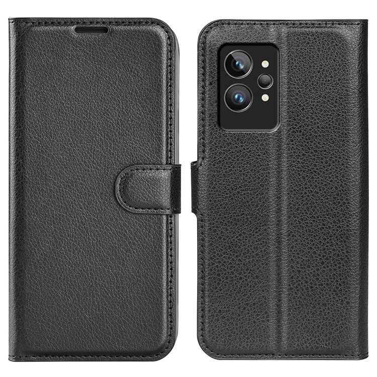 Para Realme GT2 Pro Litchi Texture PU Leather Wallet Case Viewing Stand Magnetic Closure Shockproof Flip Folio Cover - Black