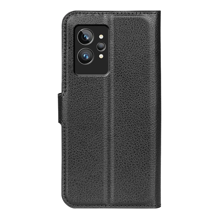 Para Realme GT2 Pro Litchi Texture PU Leather Wallet Case Viewing Stand Magnetic Closure Shockproof Flip Folio Cover - Black
