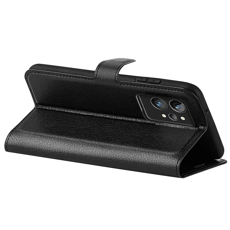 Para Realme GT2 Pro Litchi Texture PU Leather Wallet Case Viewing Stand Magnetic Closure Shockproof Flip Folio Cover - Black
