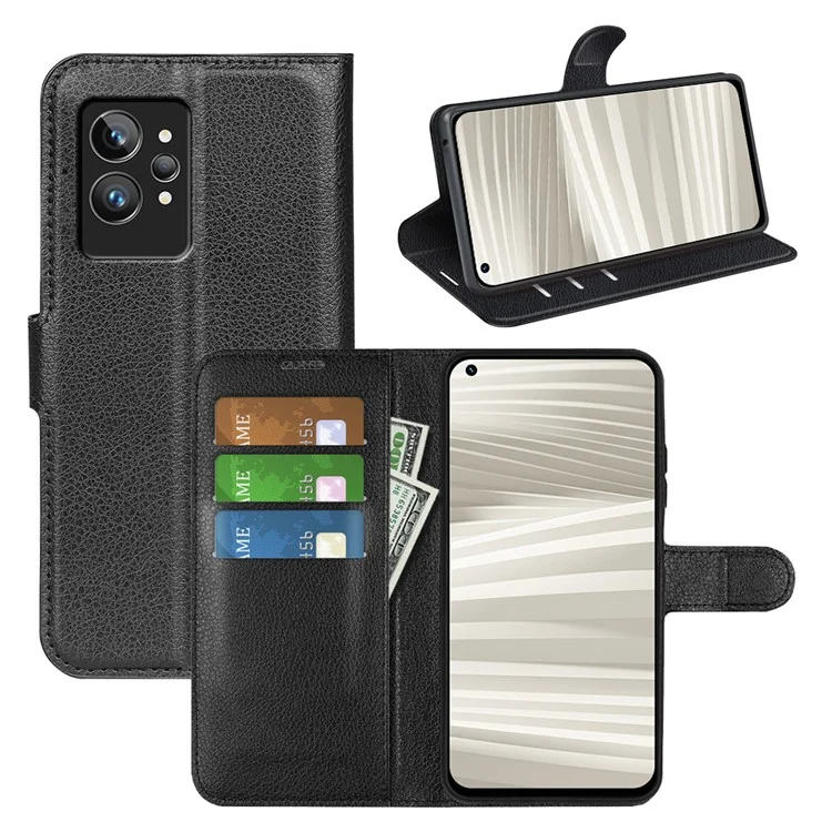 Para Realme GT2 Pro Litchi Texture PU Leather Wallet Case Viewing Stand Magnetic Closure Shockproof Flip Folio Cover - Black