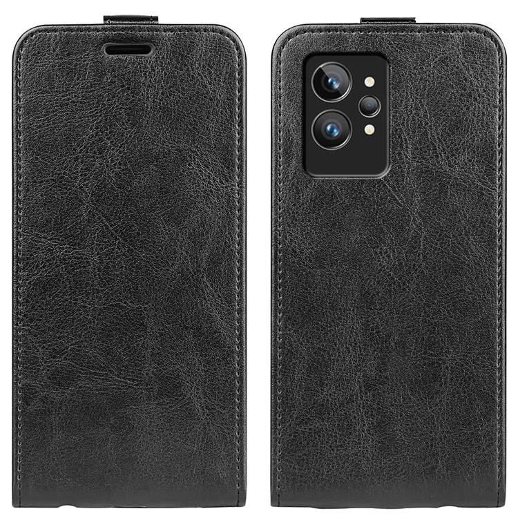 Étui Folio Flip Vertical pour Realme GT2 Pro, Porte-Carte Anti-Rayures Texture Cuir Vieilli - Noir