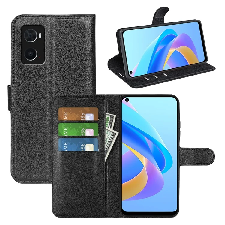 Para Realme 9i/Oppo A36 4G/A76 4G Capa de Carteira de Couro PU + TPU de Proteção Geral Textura de Lichia Capa de Telefone - Preto