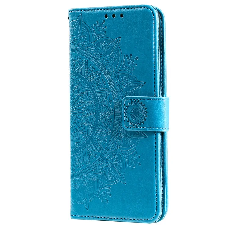 For Realme 9i / Oppo A36/A76 Imprinted Mandala Flower PU Leather Cover Viewing Stand Wallet Folio Flip Case with Wrist Strap - Blue