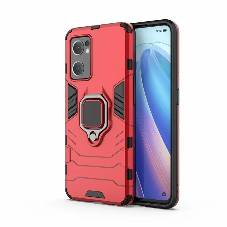 PC + TPU Combo Hybrid Handyschutzhülle für Oppo Reno7 5G (Global) One-Hand Betriebsring Ständer - Rot