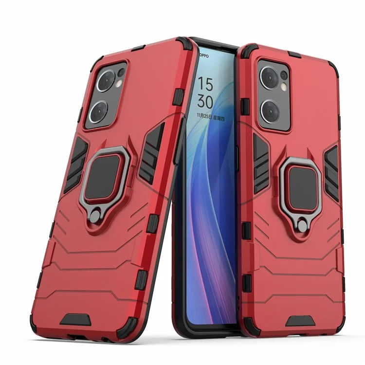PC + TPU Combo Hybrid Handyschutzhülle für Oppo Reno7 5G (Global) One-Hand Betriebsring Ständer - Rot