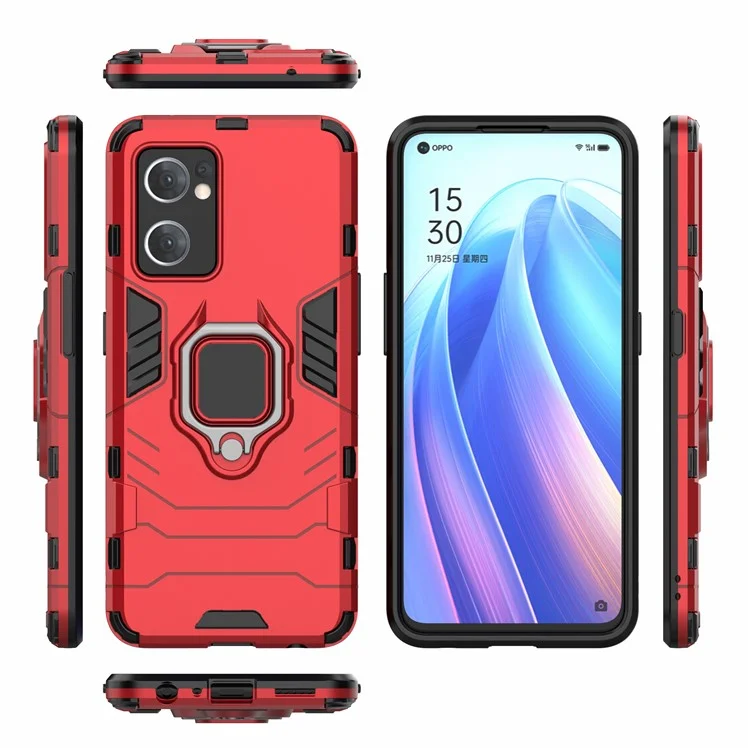 PC + TPU Combo Hybrid Handyschutzhülle für Oppo Reno7 5G (Global) One-Hand Betriebsring Ständer - Rot