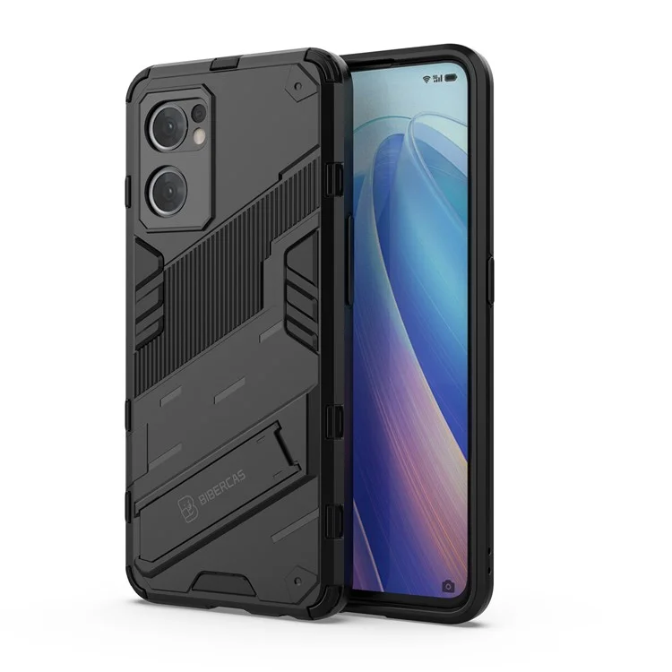 Für Oppo Reno7 5G (Global) Harte PC+Weiche TPU-Handyhülle Schutzhülle mit Ständer Fallschutz Handyhülle - Schwarz