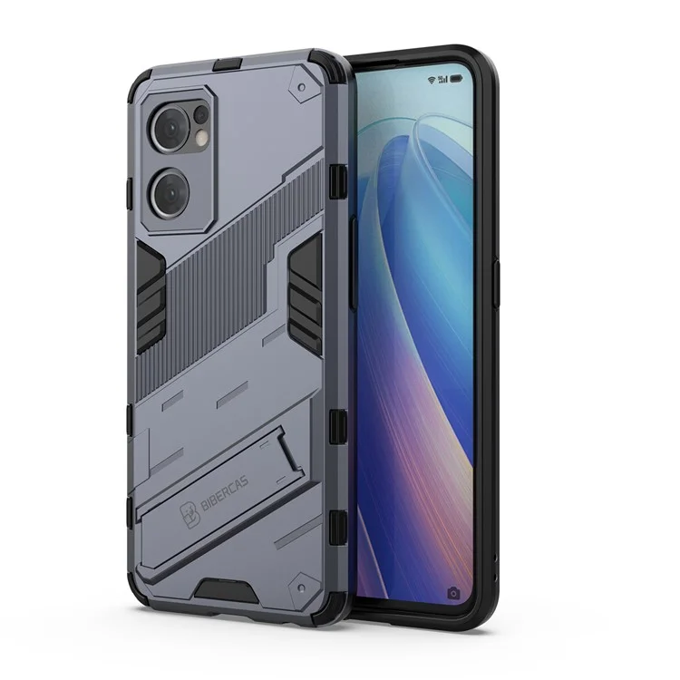 For Oppo Reno7 5G (Global) Hard PC+Soft TPU Phone Back Cover Protective Case with Kickstand Anti-drop Phone Case - Dark Blue