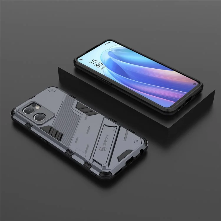 For Oppo Reno7 5G (Global) Hard PC+Soft TPU Phone Back Cover Protective Case with Kickstand Anti-drop Phone Case - Dark Blue