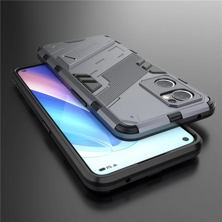 For Oppo Reno7 5G (Global) Hard PC+Soft TPU Phone Back Cover Protective Case with Kickstand Anti-drop Phone Case - Dark Blue