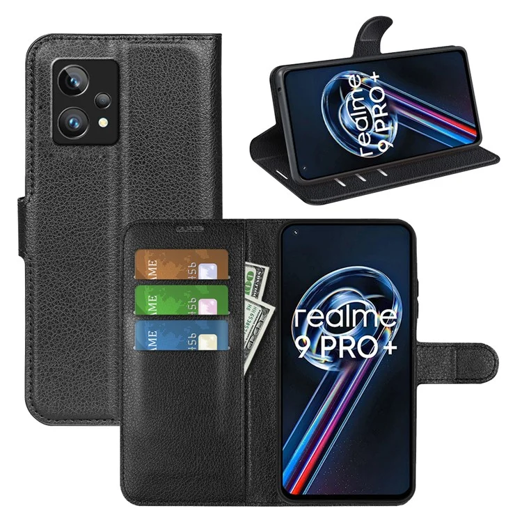 Leather Smartphone Cover Bag for Realme 9 Pro+, Wallet Anti-scratch Litchi Texture Phone Stand Function Dustproof Case - Black