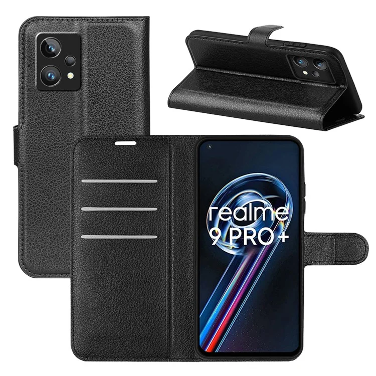 Leather Smartphone Cover Bag for Realme 9 Pro+, Wallet Anti-scratch Litchi Texture Phone Stand Function Dustproof Case - Black