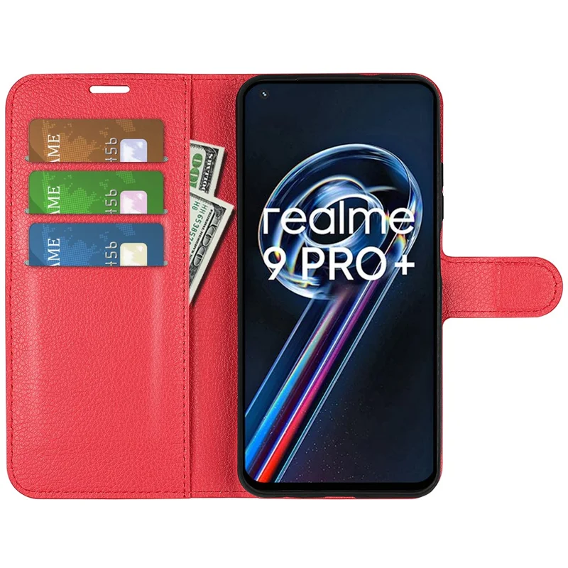 Leather Smartphone Cover Bag for Realme 9 Pro+, Wallet Anti-scratch Litchi Texture Phone Stand Function Dustproof Case - Red