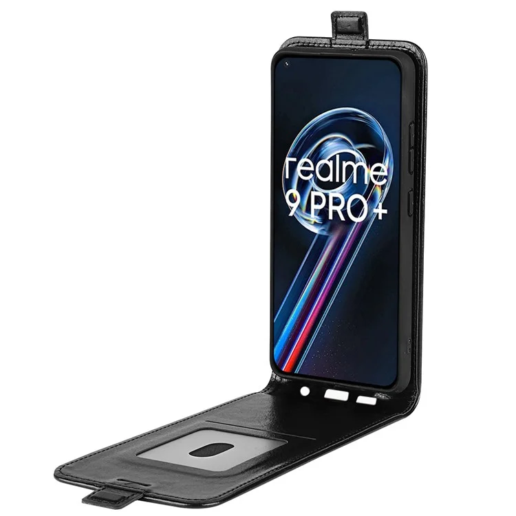 Vertical Flip PU Leather Phone Case for Realme 9 Pro+, Crazy Horse Texture Card Holder Protective Shell - Black
