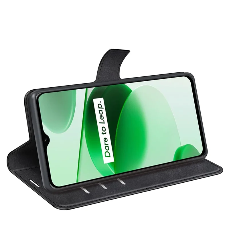 For Realme C35 Magnetic Folio Phone Cover Full Protection Textured PU Leather Wallet Stand Case - Black