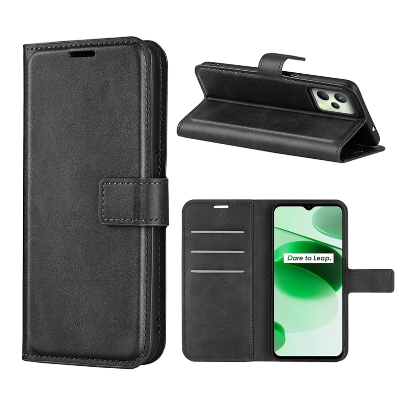 For Realme C35 Magnetic Folio Phone Cover Full Protection Textured PU Leather Wallet Stand Case - Black