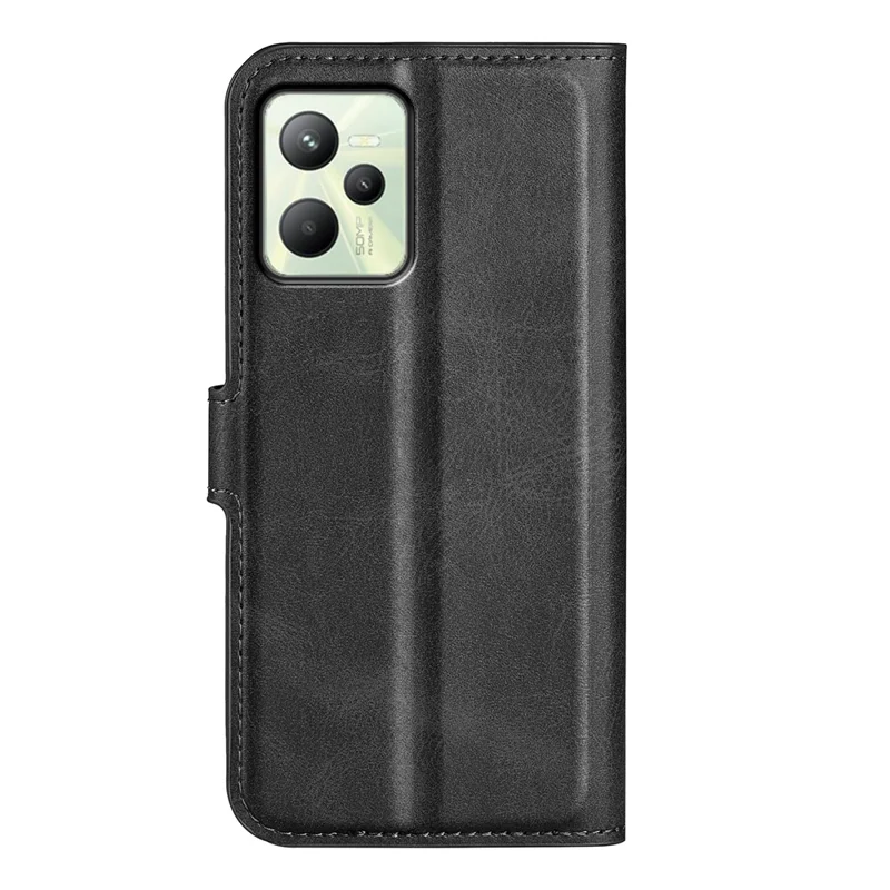 For Realme C35 Magnetic Folio Phone Cover Full Protection Textured PU Leather Wallet Stand Case - Black