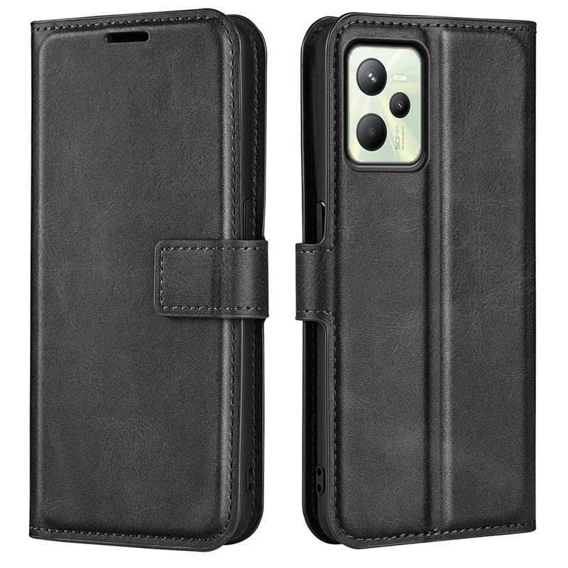 For Realme C35 Magnetic Folio Phone Cover Full Protection Textured PU Leather Wallet Stand Case - Black
