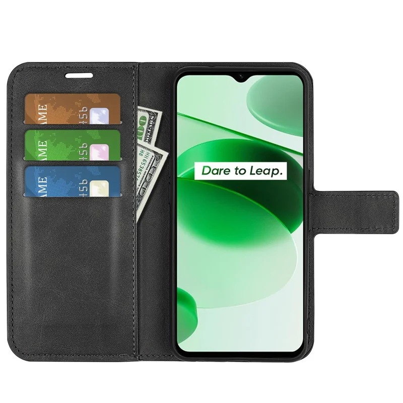 For Realme C35 Magnetic Folio Phone Cover Full Protection Textured PU Leather Wallet Stand Case - Black