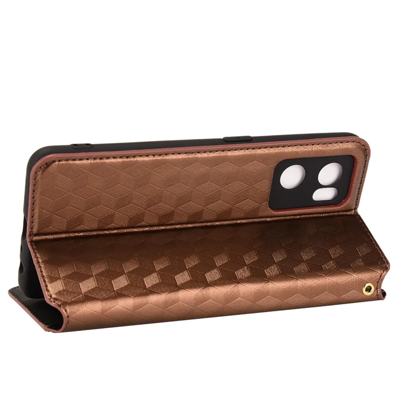 For Oppo Reno7 5G (Global)/Find X5 Lite Foldable Stand Imprinted Rhombus PU Leather Case Magnetic Closure Phone Wallet Cover - Brown