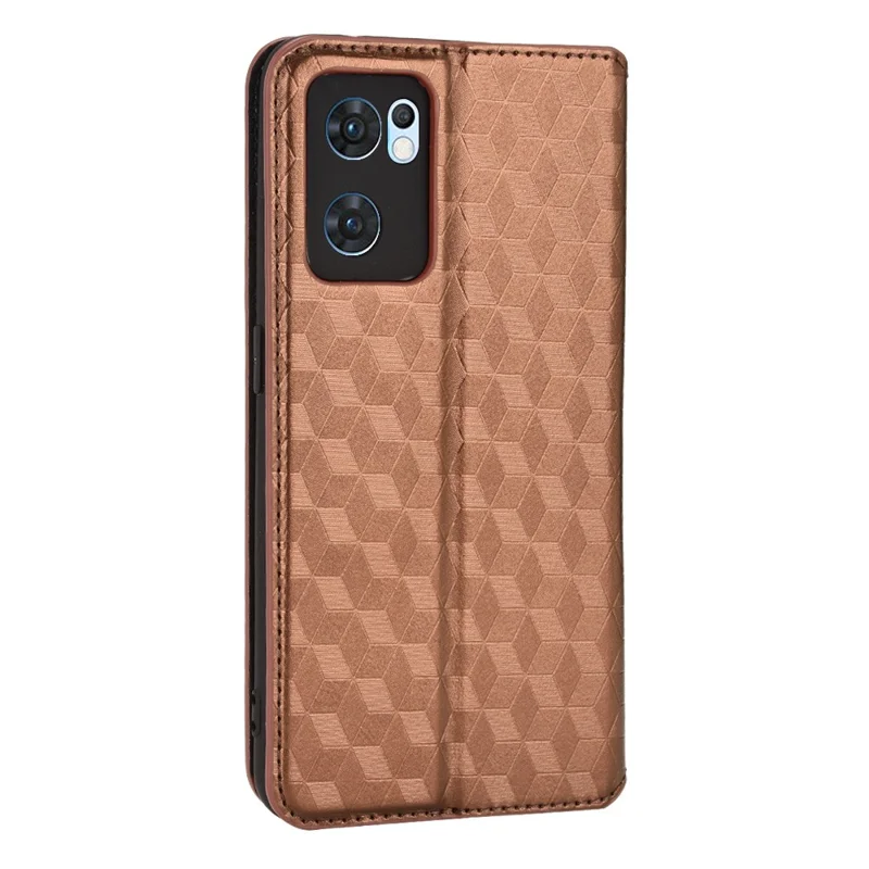 For Oppo Reno7 5G (Global)/Find X5 Lite Foldable Stand Imprinted Rhombus PU Leather Case Magnetic Closure Phone Wallet Cover - Brown