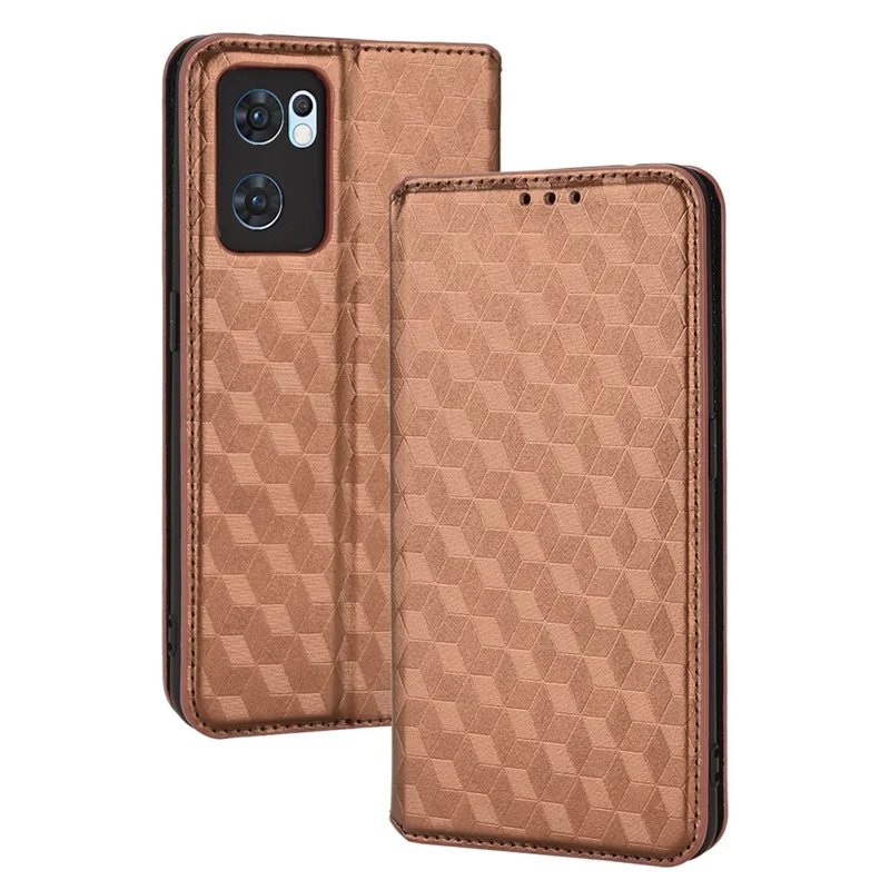 For Oppo Reno7 5G (Global)/Find X5 Lite Foldable Stand Imprinted Rhombus PU Leather Case Magnetic Closure Phone Wallet Cover - Brown