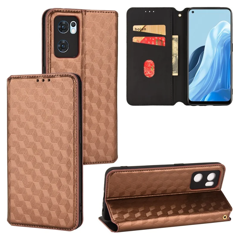 For Oppo Reno7 5G (Global)/Find X5 Lite Foldable Stand Imprinted Rhombus PU Leather Case Magnetic Closure Phone Wallet Cover - Brown