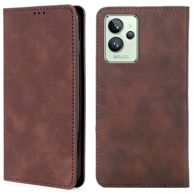 Para Realme GT2 Pro Pele táctil Sensação Leather Case Card Holder Auto-absorbed Magnetic Stand Mobile Phone Cover - Castanho Escuro